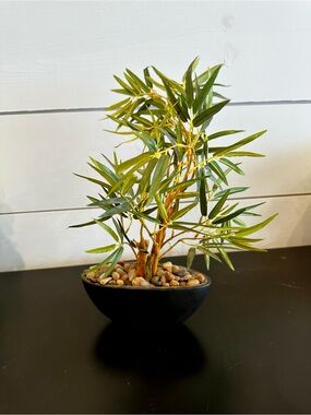 Faux Bamboo Tabletop Plant in Black Pebble Bowl - Green